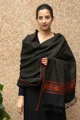 TICH Fine, Soft Himachal Wool Striped Shawl - Black & Red