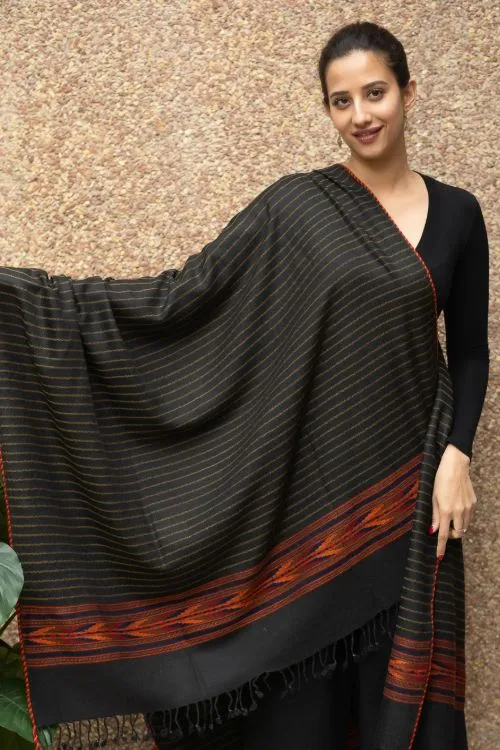 TICH Fine, Soft Himachal Wool Striped Shawl - Black & Red