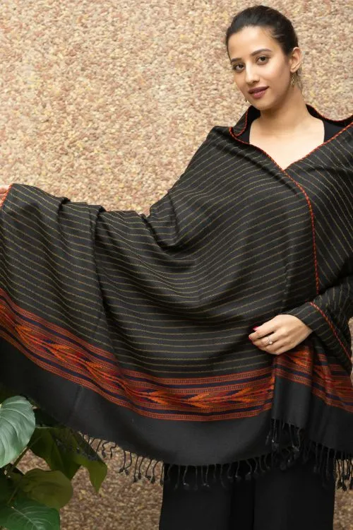 TICH Fine, Soft Himachal Wool Striped Shawl - Black & Red