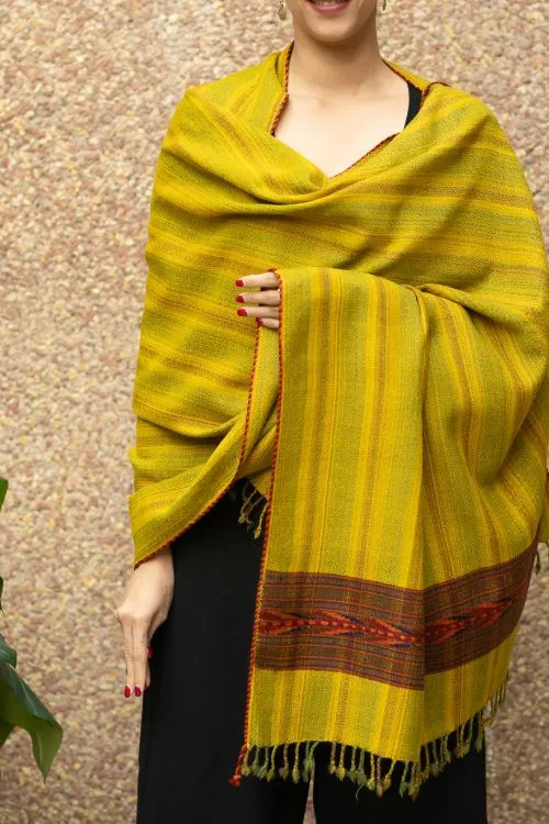 TICH Fine, Soft Himachal Wool Striped Shawl - Lime Yellow