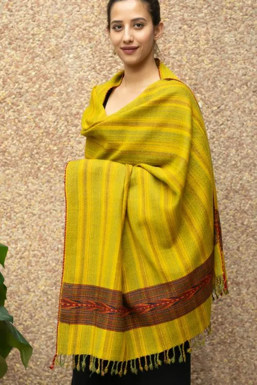 TICH Fine, Soft Himachal Wool Striped Shawl - Lime Yellow