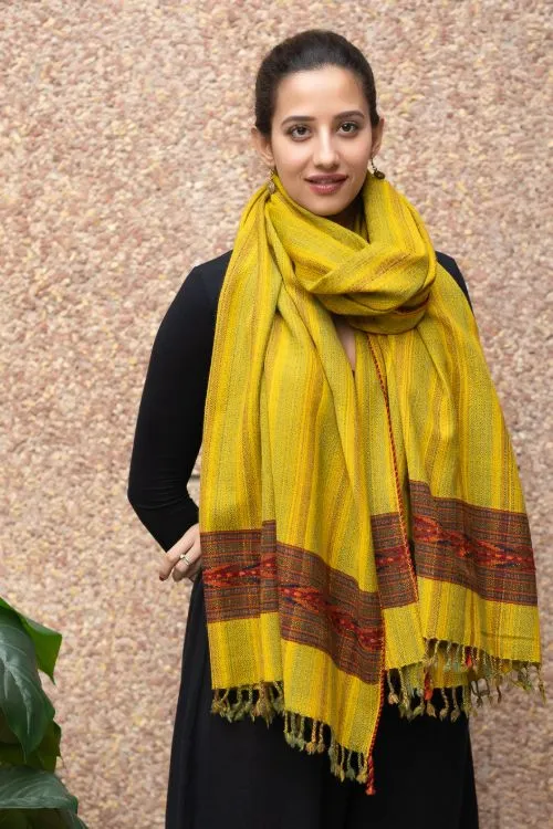 TICH Fine, Soft Himachal Wool Striped Shawl - Lime Yellow