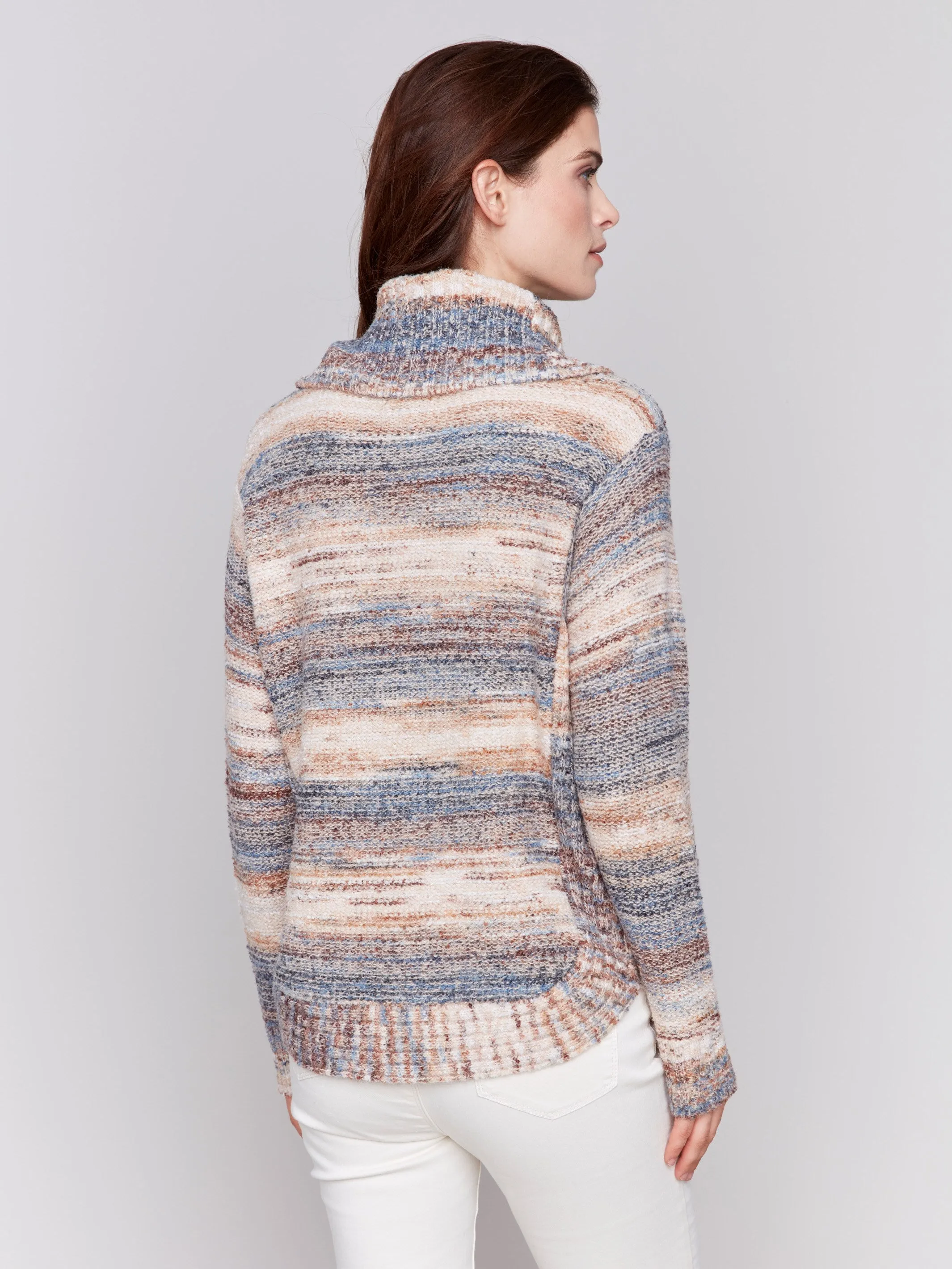 Two-Tone Yarn Color Cowl-Neck Sweater - Denim