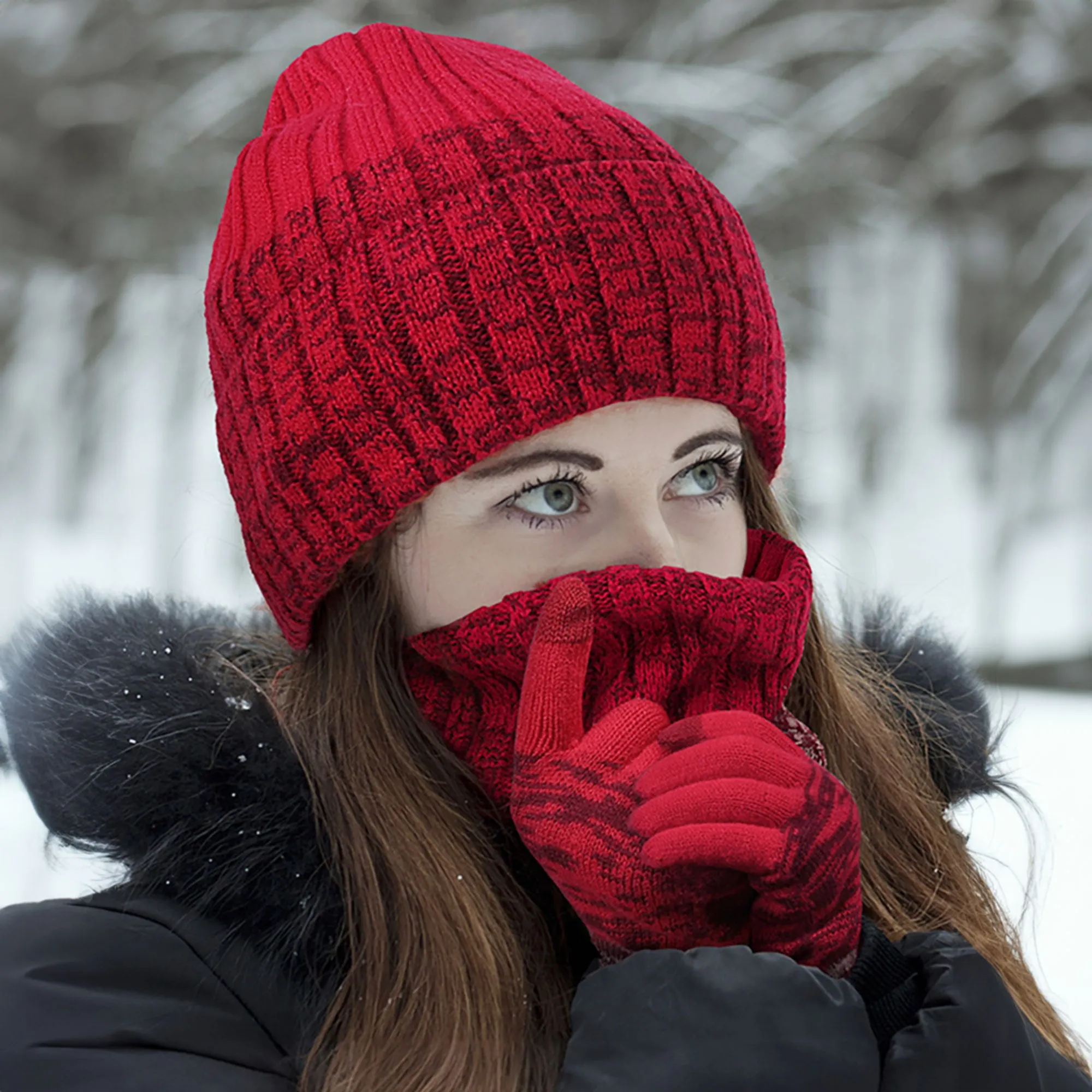 Unisex Winter Beanie Hat, Infinity Scarf and Glove Set