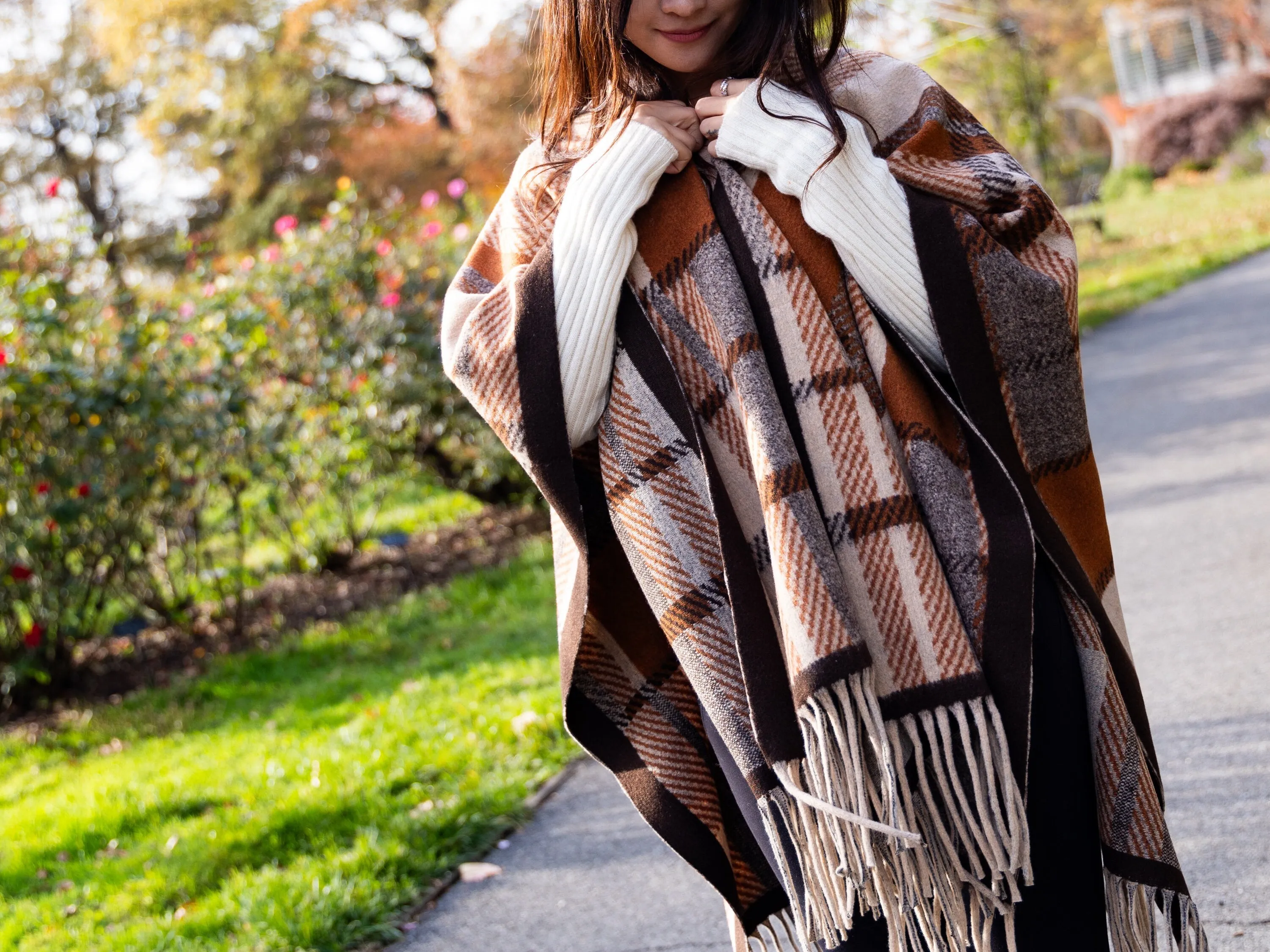 Warm Cozy Plaid Shawl Wrap with Tassel, Wool Winter Scarf, Stylish Oversized Blanket Wrap, Winter Gift for Her Mom