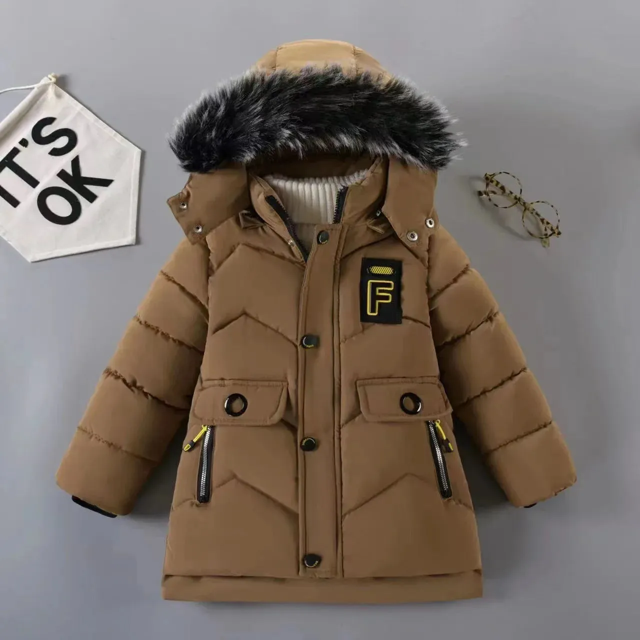 Winter Boys Solid Color Hooded Down Coat