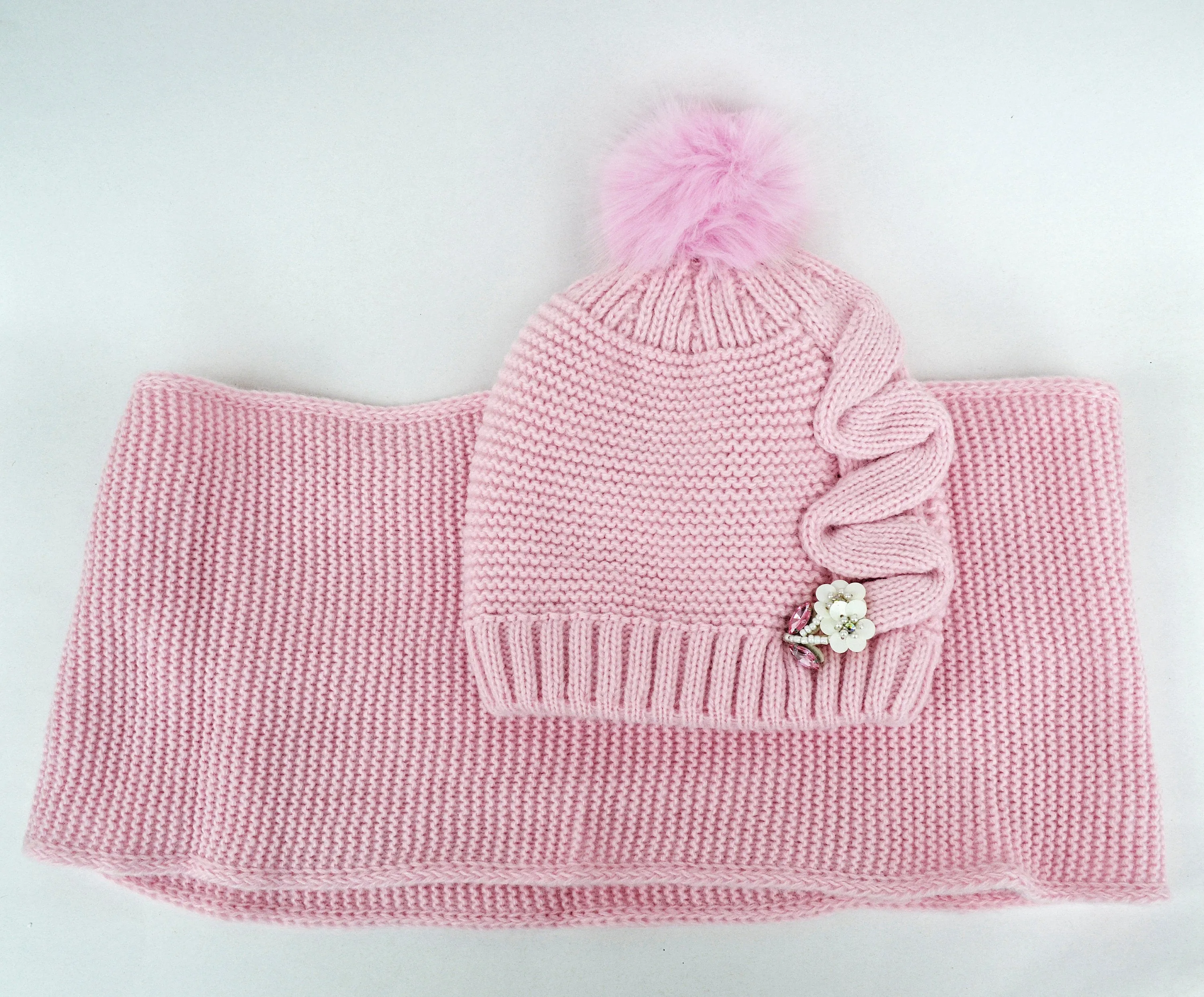 Winter Child Hat with Flower Brooch, Girl hat and Scarf, Child Pom Pom Hat, Child Knit Hat, Knit Girl Hat, Kids Winter Wear, Girl Knit Hat