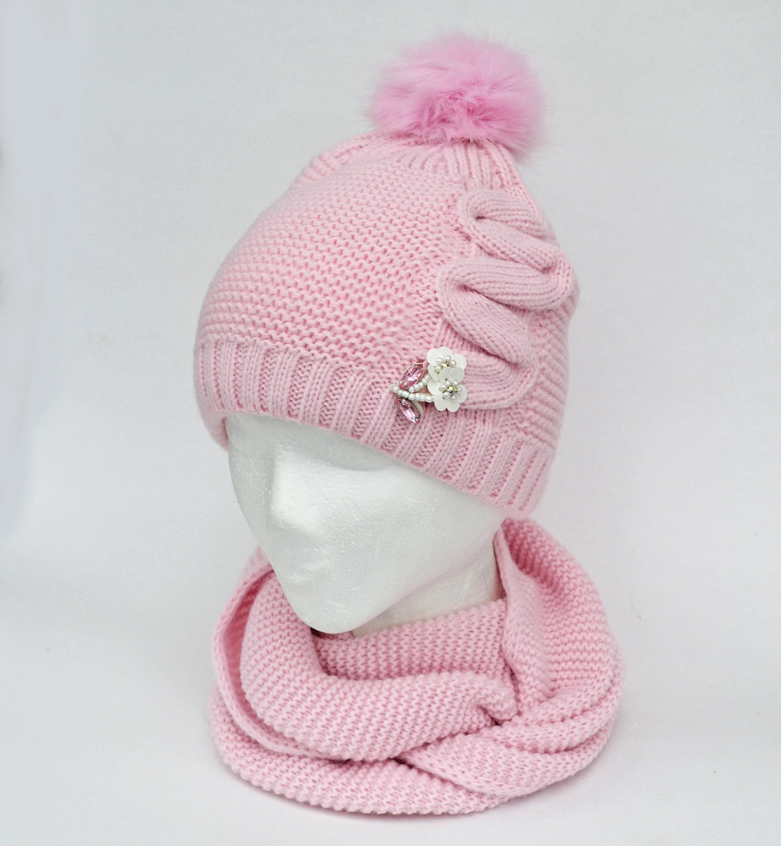 Winter Child Hat with Flower Brooch, Girl hat and Scarf, Child Pom Pom Hat, Child Knit Hat, Knit Girl Hat, Kids Winter Wear, Girl Knit Hat