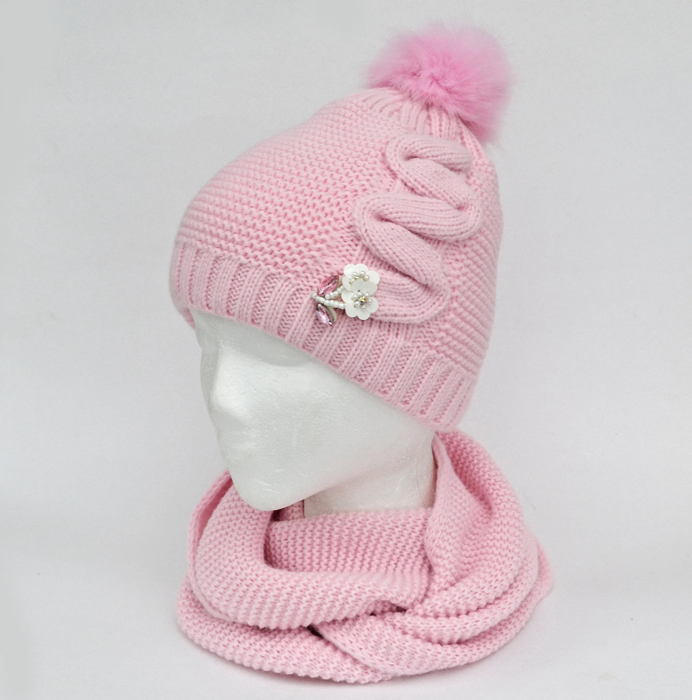 Winter Child Hat with Flower Brooch, Girl hat and Scarf, Child Pom Pom Hat, Child Knit Hat, Knit Girl Hat, Kids Winter Wear, Girl Knit Hat