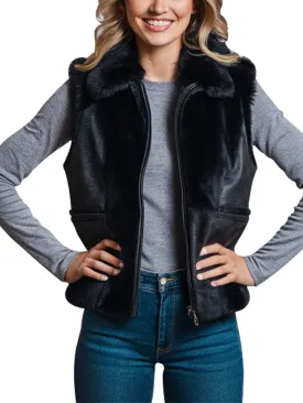 Women's Black Faux Fur Trim Leather Vest