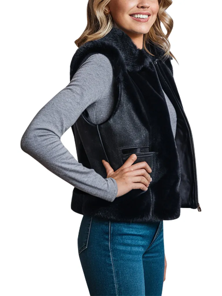 Women's Black Faux Fur Trim Leather Vest