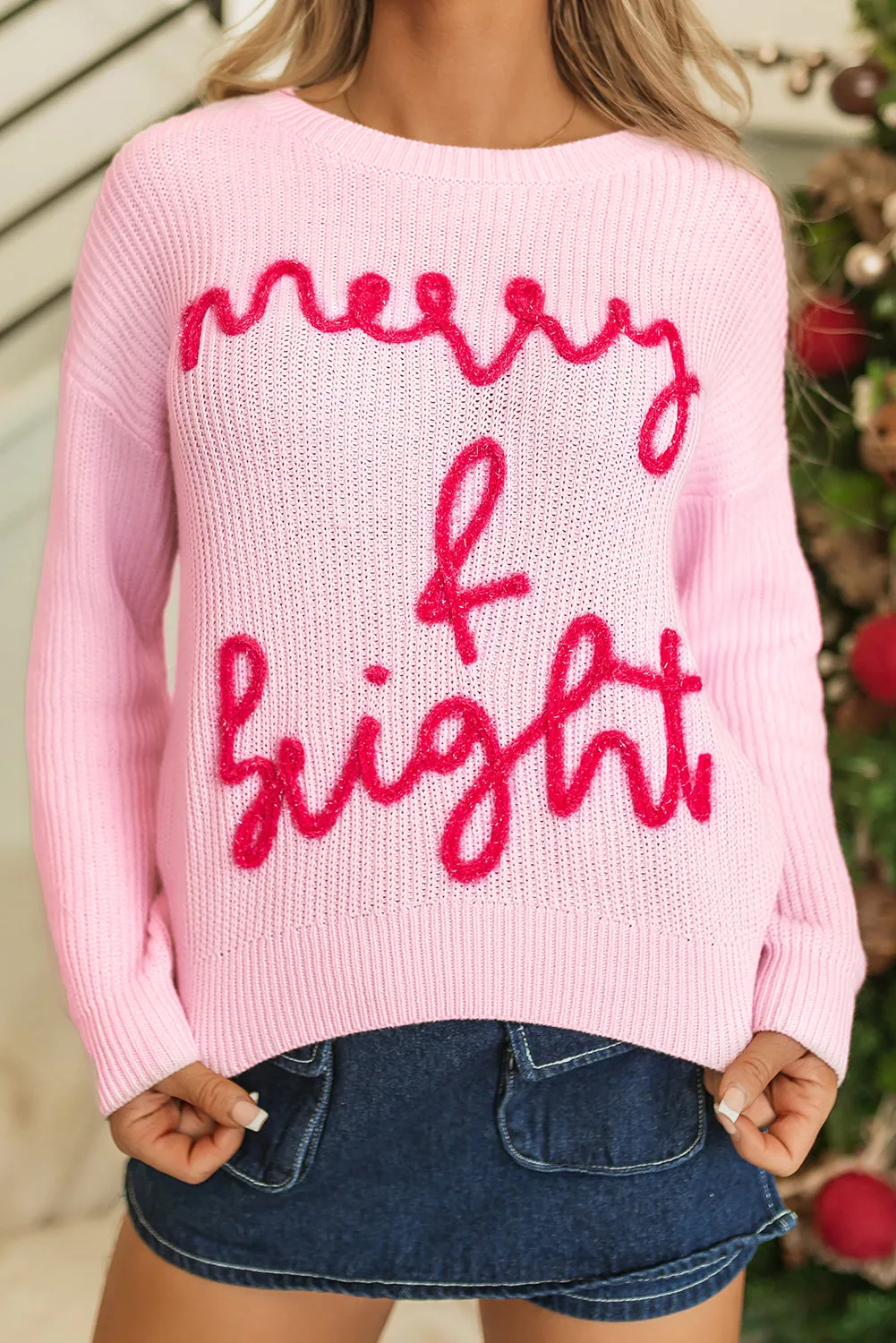 Womens Pink "Merry & Bright" Pop-Up Letter Waffle Knit Sweater