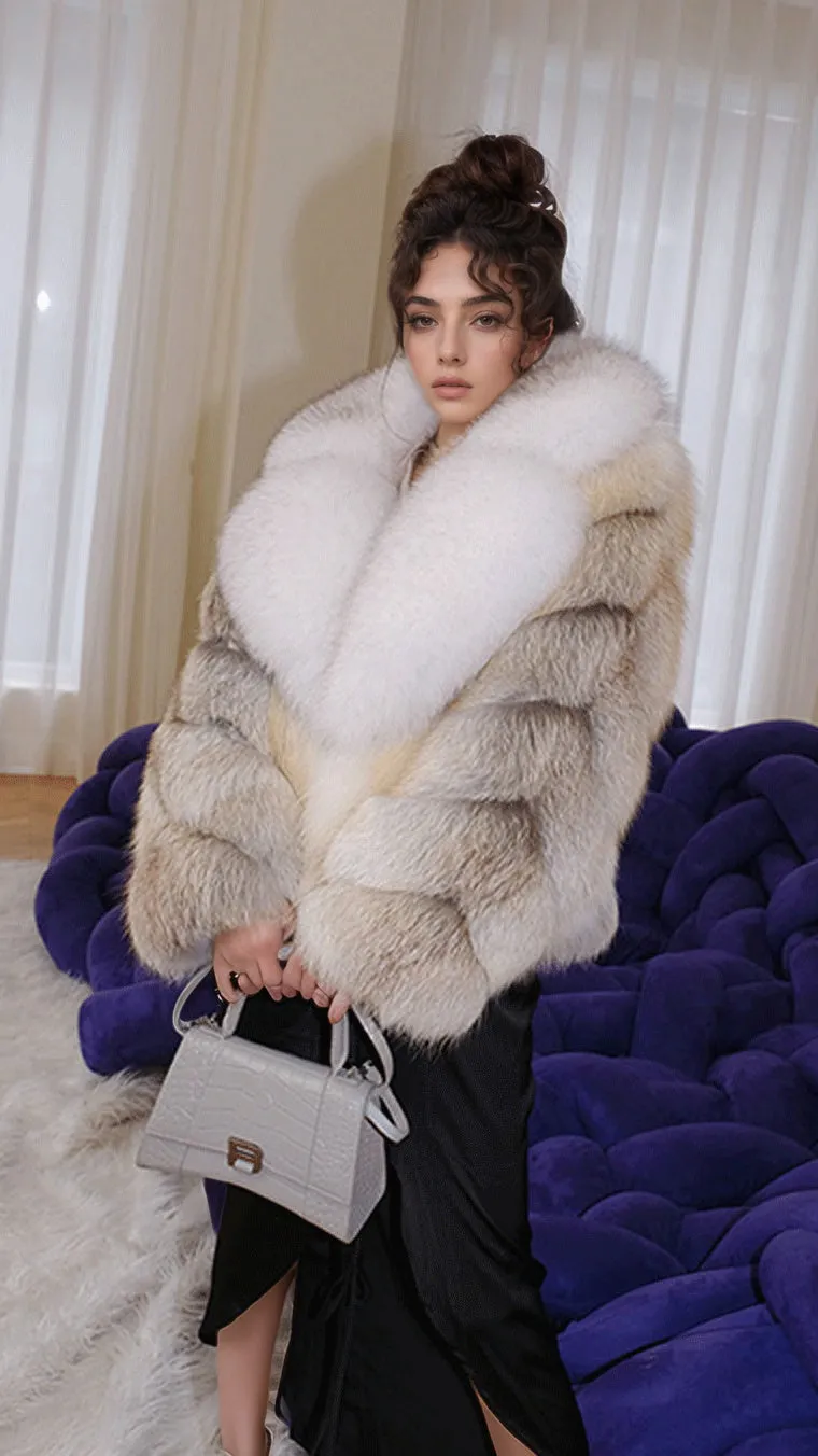 Women's Real Fox Fur Coat with Fur Collar - Fawn Light Fox and White Fox- G0019