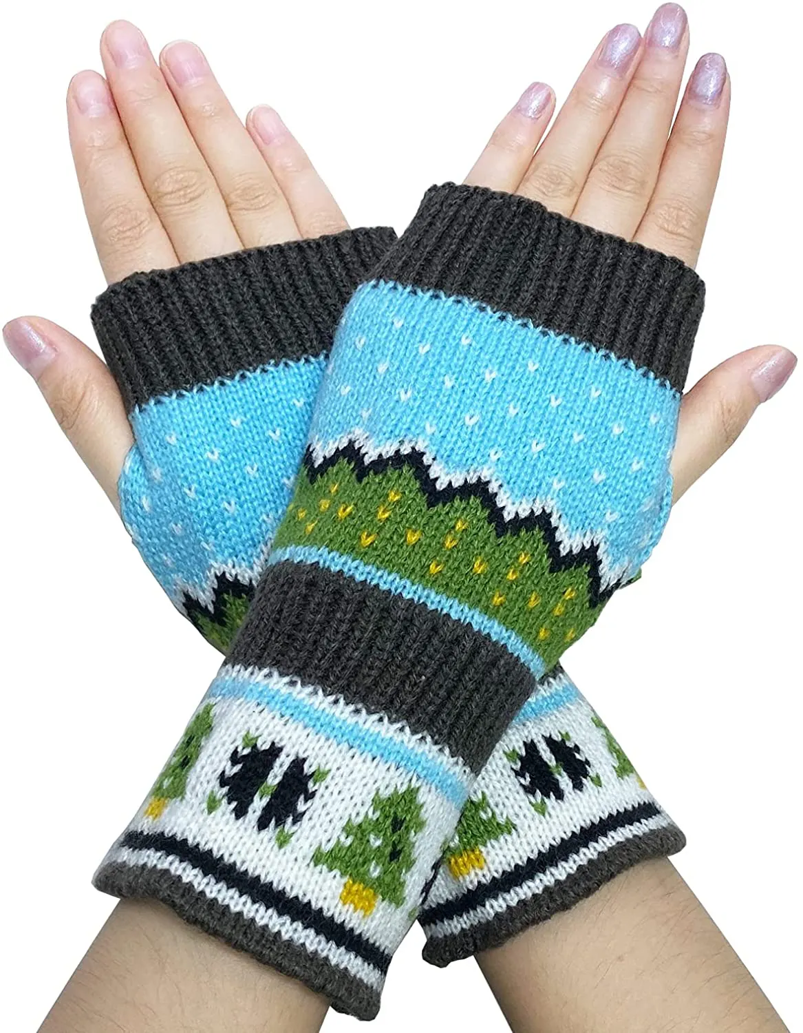 Woogwin Women's Knitted Fingerless Gloves Winter Arm Warmers Thumb Hole Mittens