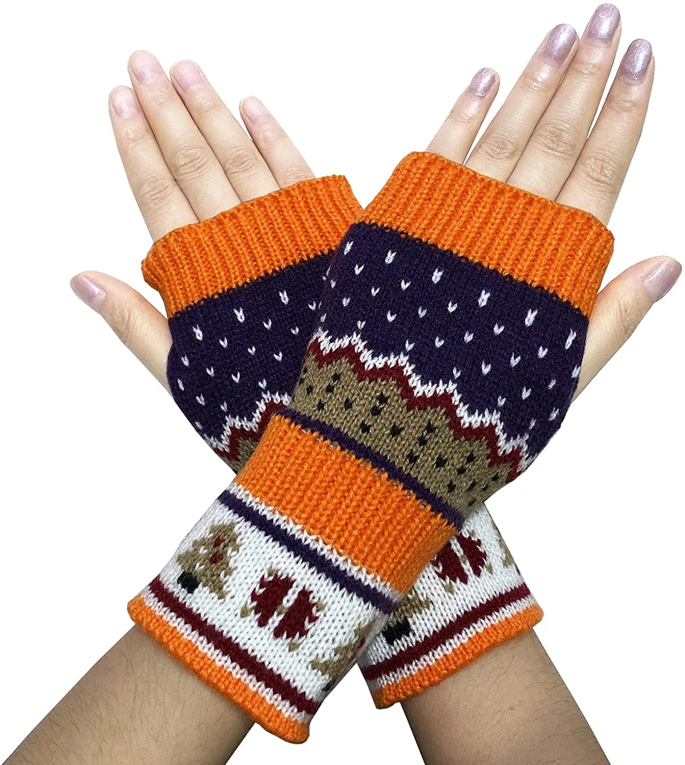 Woogwin Women's Knitted Fingerless Gloves Winter Arm Warmers Thumb Hole Mittens