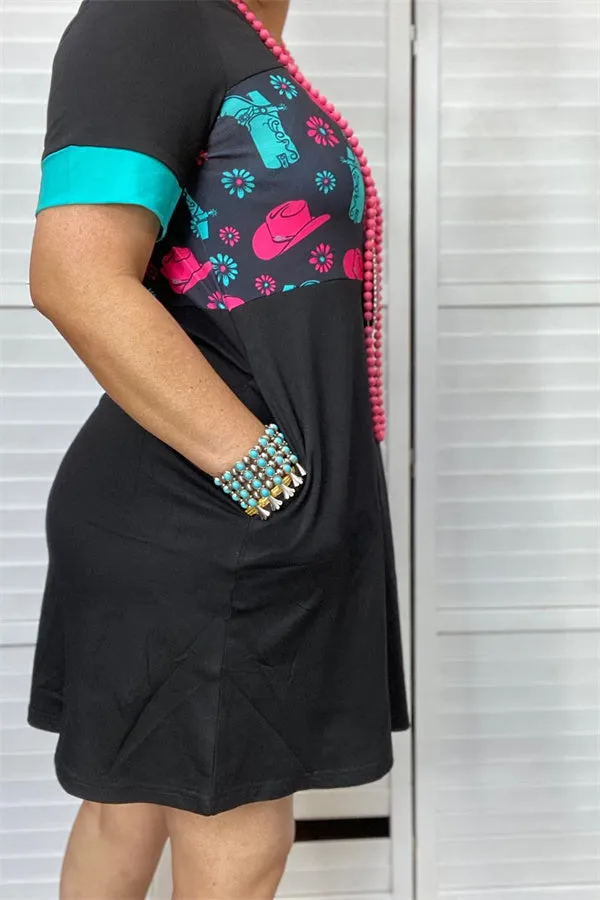 XCH14282 Caps & Boots fuchsia and turquoise color prints black block short sleeve women dress